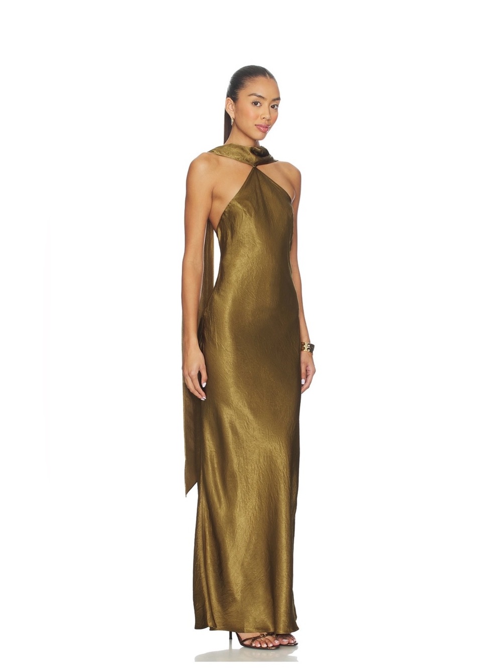 Amanda Uprichard x Revolve Ashton Maxi Dress Olive Satin Halter Gown Size S